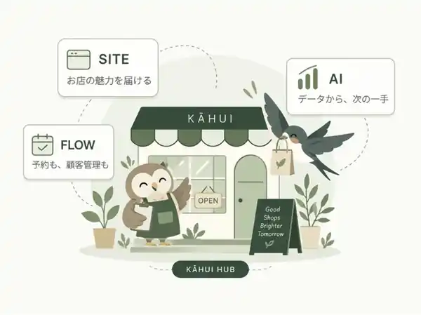 KĀHUIの店舗を中心に、SITE・FLOW・AIとフクロウ・ツバメがつながるイラスト